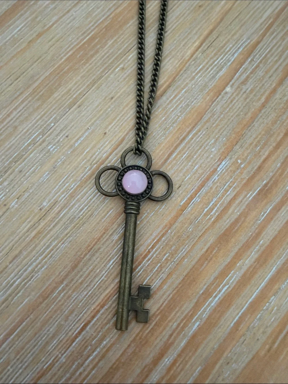 Pink Stone Antique Brass Key Pendant Necklace